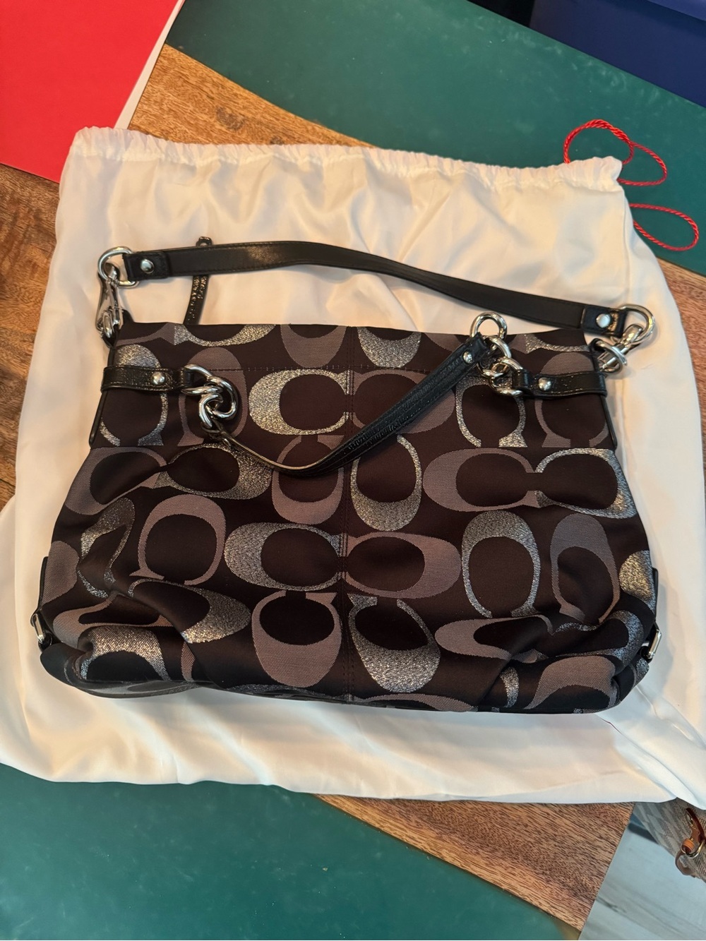 Coach Brown and Black Signature Jacquard Shoulder Bag